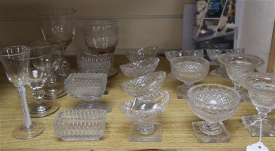 A collection of cut glass, salts and various glasses